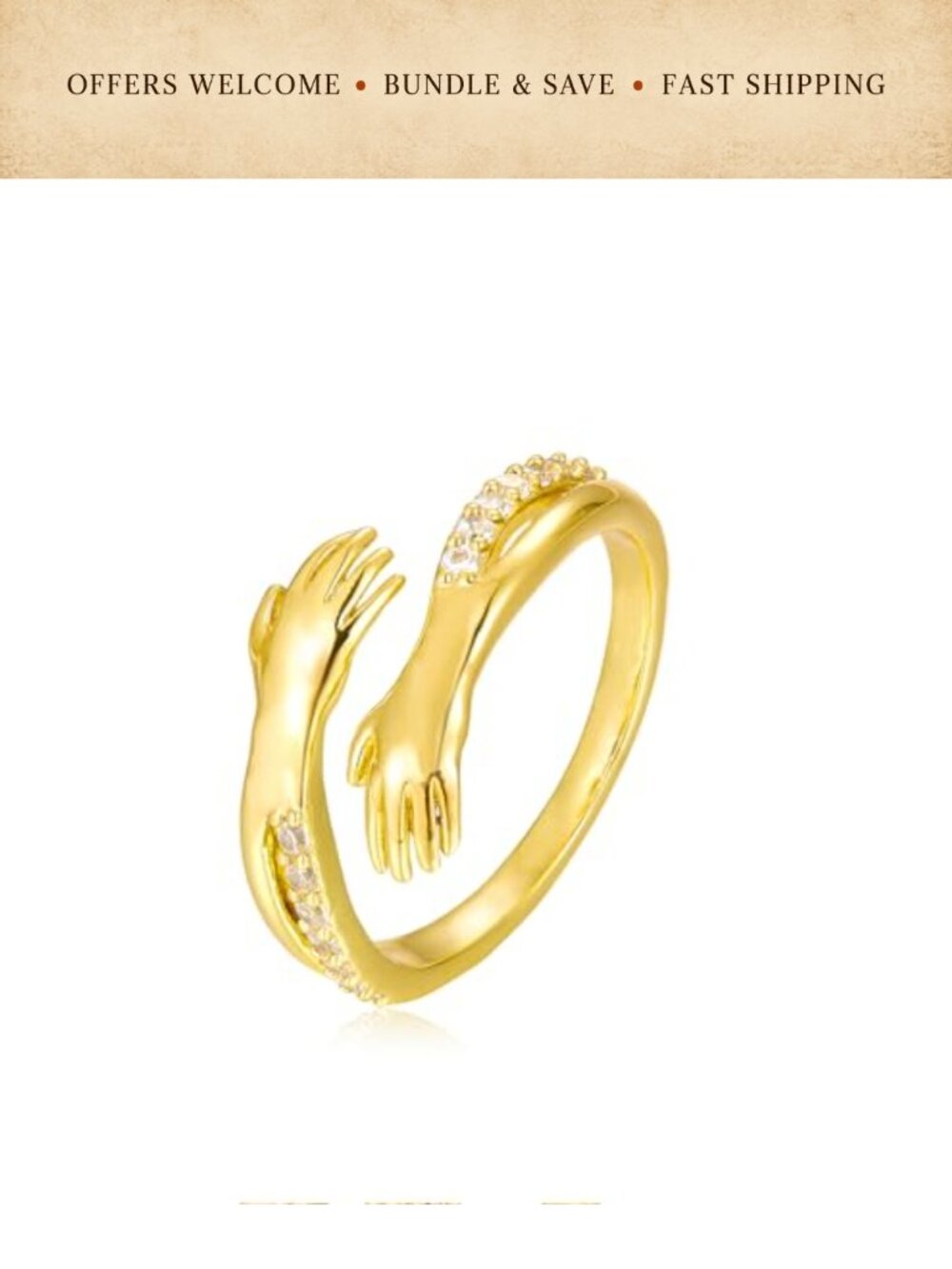14K Gold Plated Brass Cubic Zirconia Intertwined Hands Ring Adjustable